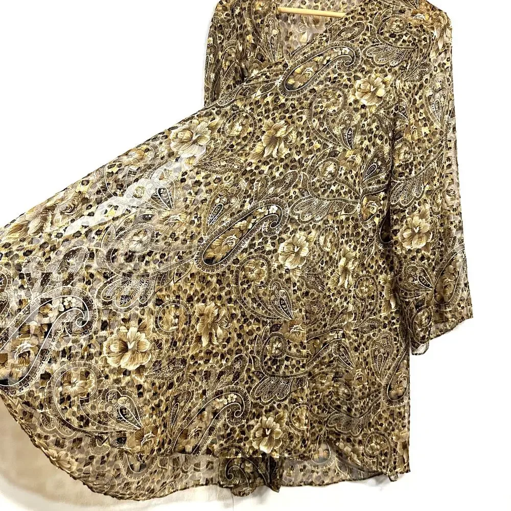Vintage Maggie Barnes‎ Paisley Animal Print Clipdot Brown Flowy Cardigan Tied - Picture 4 of 9